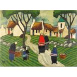 Manner of Markey Robinson - Figures before cottages and water, Irish School oil onto canvas,