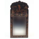 Chinoiserie black lacquered pier mirror with bevelled glass, 87cm x 42cm : For Further Condition