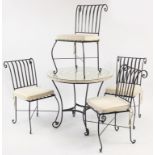 Contemporary mosaic marble and wrought iron dining table and four chairs, the table 78cm H x 91cm