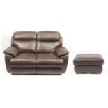 Electric brown leather two seater reclining settee with a storage footstool, 165cm in length : For