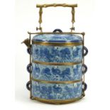 Chinese blue and white porcelain stacking container with naturalistic metal mount, 19cm high : For