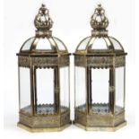 Pair of hanging lantern design candle holders with glass panels, each 64cm high : For Further