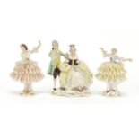 Three German porcelain lace figurines by Dresden, the largest 13cm high : For Further Condition