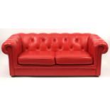 Red leather buttonback Chesterfield settee, 200cm wide : For Further Condition Reports Please