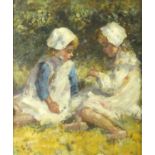 Two young girls, Impressionist oil bearing an indistinct monogram HSP?, mounted and framed, 29cm x