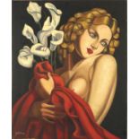 Manner of Tamara De Lempicka - Portrait of an Art Deco female holding flowers, oil onto canvas,