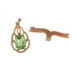 9ct gold green stone pendant and a 9ct gold brooch, 5.5g : For Further Condition Reports Please