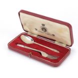 Silver 1937 coronation fork and spoon christening set by Roberts and Belk, Sheffield 1937, 15cm in