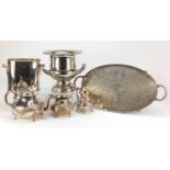 Silverplate including two champagne buckets and a three piece teaset, the largest 55cm high : For