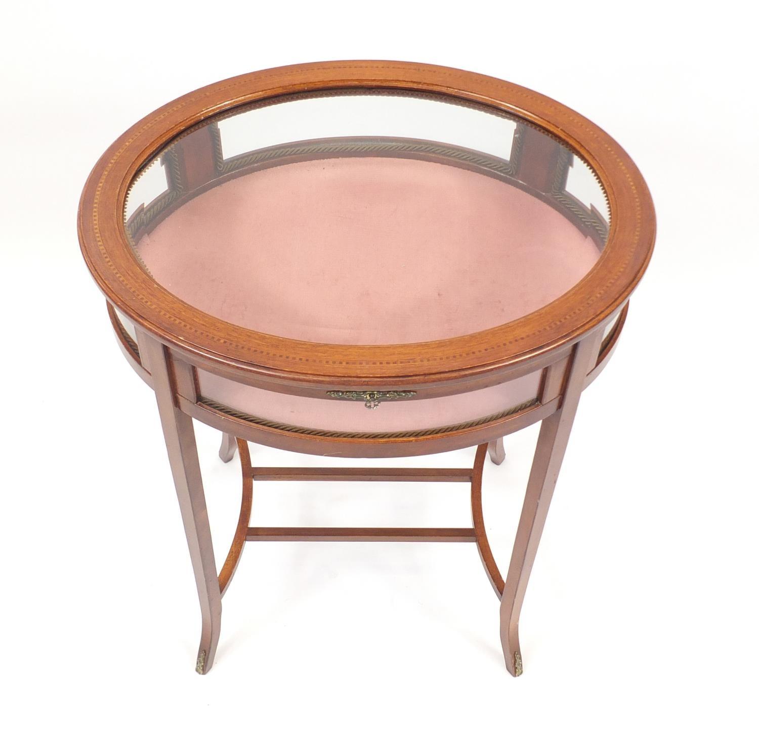 Oval inlaid mahogany bijouterie table with bevelled glass top, 76cm H x 59cm wide x 47cm D : For - Image 2 of 4