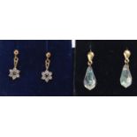 Two pairs of 9ct gold earrings including sapphires and crystal, the largest 2.5cm in length : For