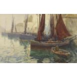 Augustus Morton Hely-Smith 1911- Moored boats, watercolour, details verso mounted and framed, 44cm x