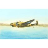 Bowles 1942 - World War II plane, Lockheed Hudson, signed watercolour, mounted and framed, 34cm x