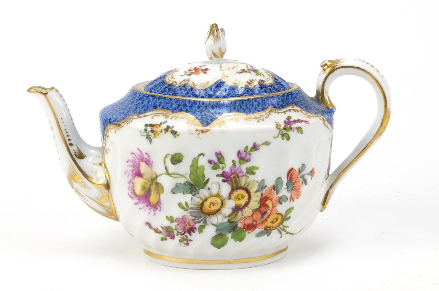 Dresden porcelain fluted teapot, hand painted with flowers, 19cm in length :For Further Condition - Image 2 of 6