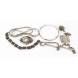 Silver and white metal jewellery including a Siam bracelet, necklaces and identity bracelets, 60.