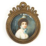 19th century German circular hand painted portrait miniature of a young female wearing a bonnet,