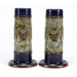 Pair of Royal Doulton Stoneware vases hand painted with flowers, 19cm high :For Further Condition