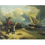 Manner of S Knight - Two figures beside water with fishing boats, Old Master style oil on canvas
