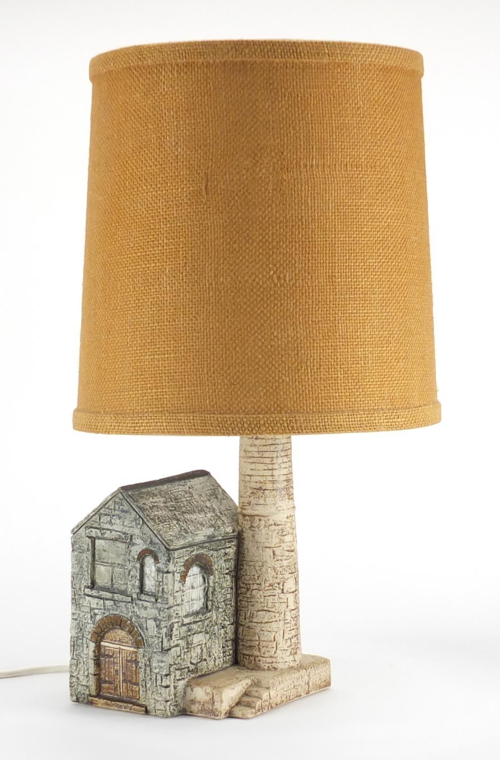 Troika St Ives pottery tin mine lamp with shade, hand painted and incised by Alison Brigden, painted