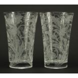 Pair of Christofle Orangerie glass vases etched with flowers, 20cm high :For Further Condition