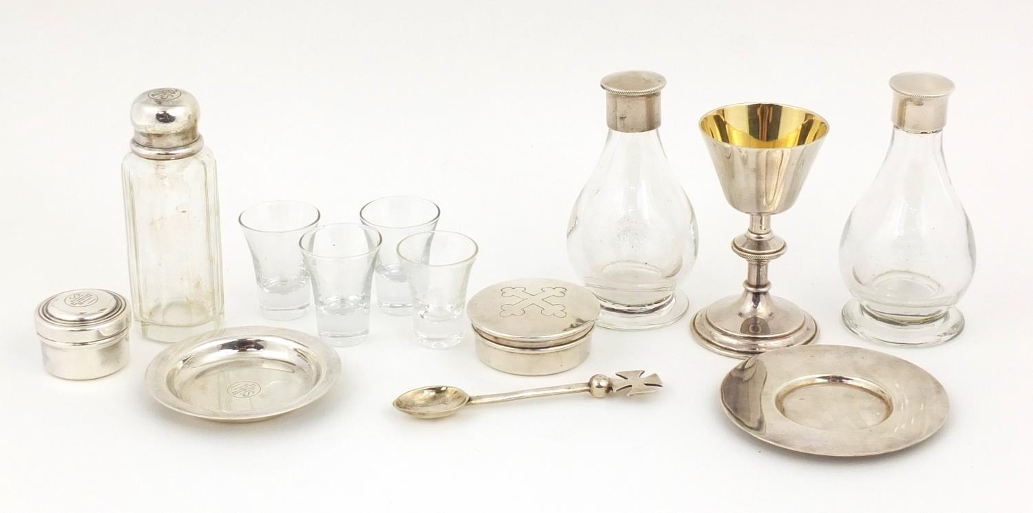 Two travelling holy communion sets, one by William Beardsley, the glass bottles with silver lids, - Image 2 of 7