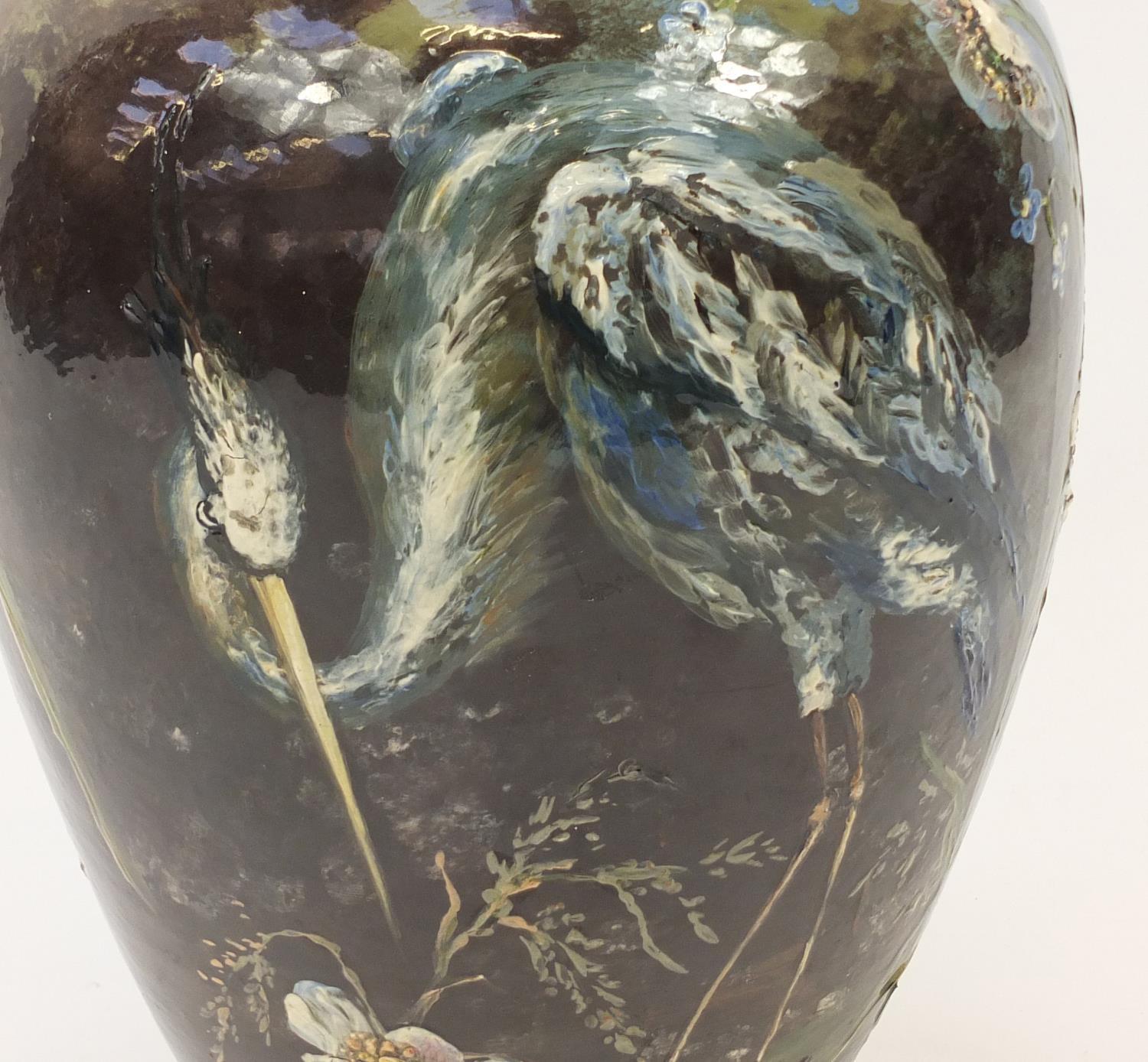 Large Victorian Aesthetic pottery vase painted with heron and flowers, 56cm high :For Further - Image 2 of 5