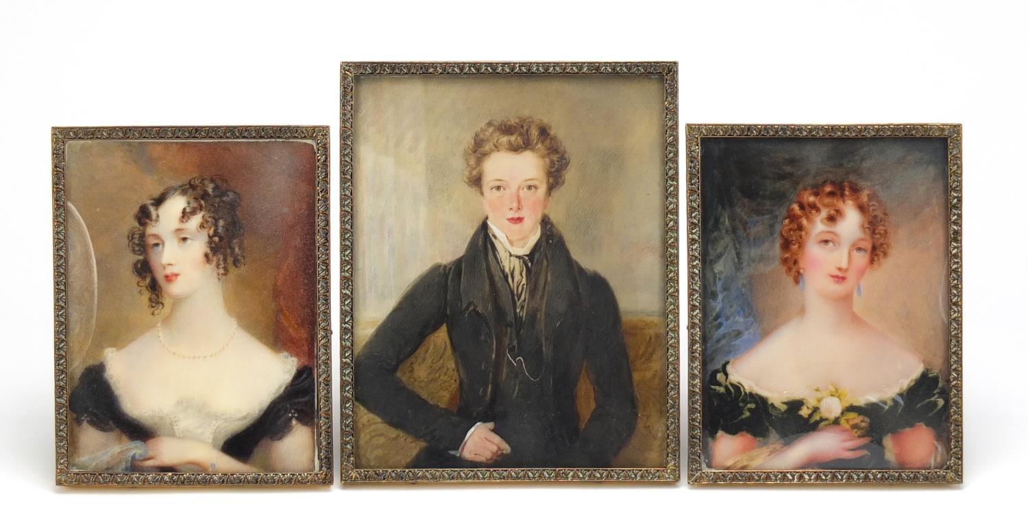 Set of three 19th century hand painted family portrait miniatures comprising one of John Free (