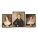 Set of three 19th century hand painted family portrait miniatures comprising one of John Free (