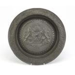 Antique pewter wall plaque embossed with a coat of arms 34.5cm in diameter :For Further Condition