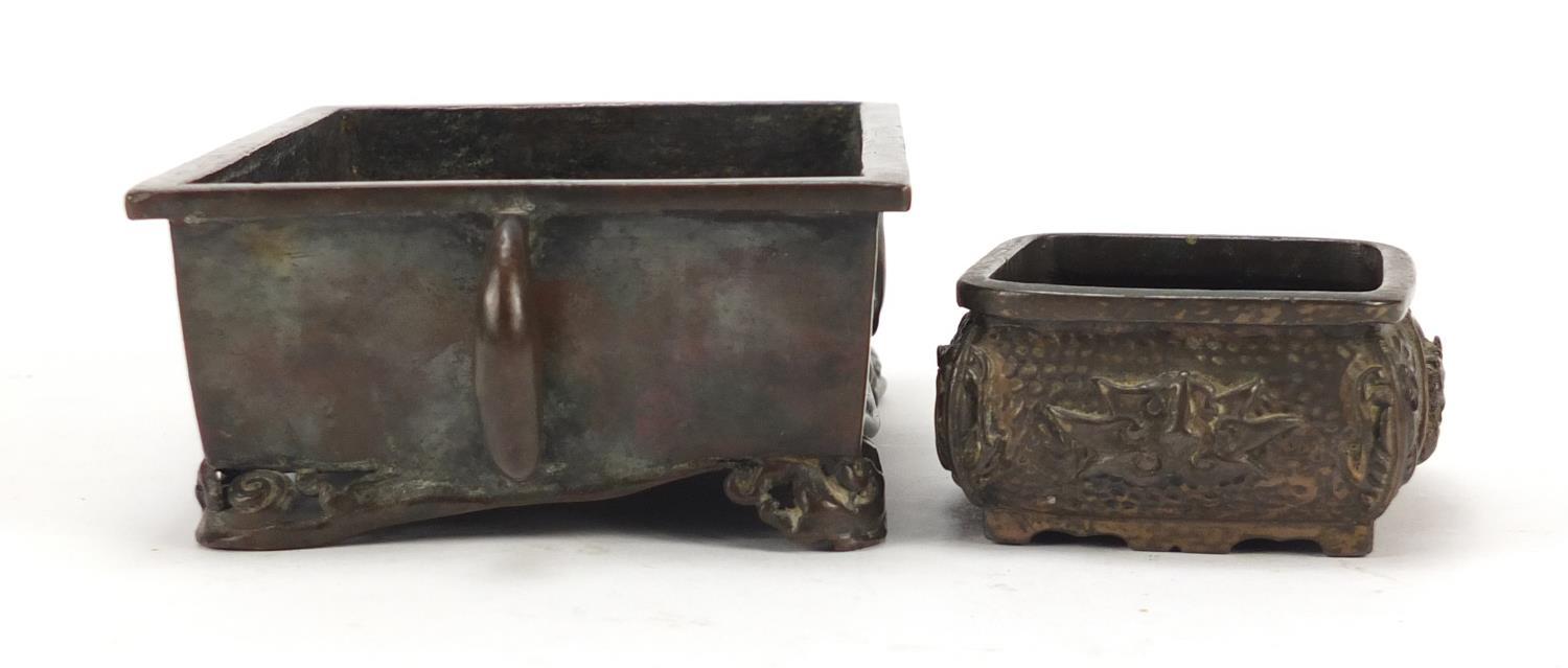 Pair of Japanese patinated bronze bonsai planters including one with twin handles, the largest 18. - Image 6 of 9