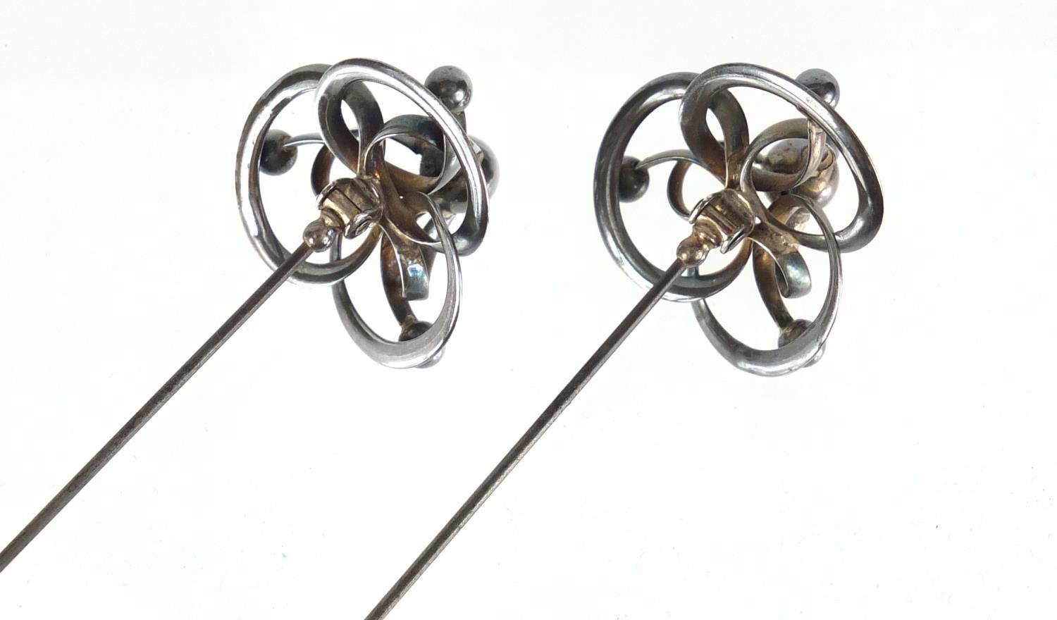 Pair of Art Nouveau silver hat pins by Charles Horner, Chester 1913, each 22cm in length :For - Image 3 of 6