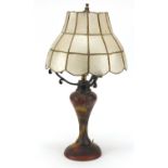Art Nouveau hand painted glass table lamp by Jean Simon Peynaud with mother of pearl shell shade,