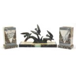 French Art Deco marble and bronzed bird sculpture with a pair of garniture vases, each 18.5cm