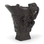 Chinese carved horn libation cup, character marks to the base, 10cm high :For Further Condition