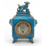 Aesthetic pottery mantle clock mounted with a with Foo dog by Jules Vieillard, the circular dial