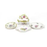 Herend of Hungary hand painted porcelain comprising a pott and cover and three dishes, the largest