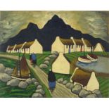 Manner of Markey Robinson - Figures beside cottages and water, Irish school oil on board, unframed