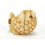 Good Japanese carved ivory Netsuke of two elders and fruit, with unmarked gold hands, character