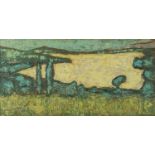 Abstract composition of trees by water, bearing an indistinct signature possibly Andre Linux, oil on