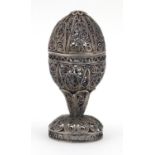 Russian silver filigree egg with detachable lid, indistinct impressed marks, 9.5cm high, 75.5g :