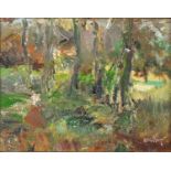 Woodland, Impressionist oil on board, bearing a signature Dunlop, framed, 24.5cm x 19.5cm :For