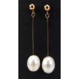 Pair of 9ct gold pearl earrings, 4cm in length, 2.6g :For Further Condition Reports Please visit Our