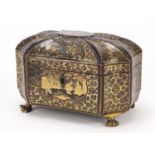 Chinese lacquered tea caddy with paw feet, gilded in the Chinoiserie manner, 14cm H x 21cm W x