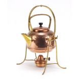 German secessionist copper and brass teapot on stand with burner, impressed marks to the underside