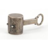 Novelty unmarked silver magnifying glass in the form of a mallet, 3.5cm in length, 10.6g :For