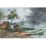 Buildings beside water, Asian school watercolour, bearing signature M Sawoot and Bee Wah, label