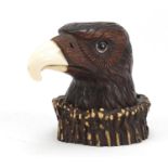 Novelty carved horn eagle design desk inkwell with ivory beak and beaded eye, 9cm high :For