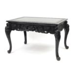 Ebonised carved oak centre table fitted with two draws, the top carved with Greek key and raised