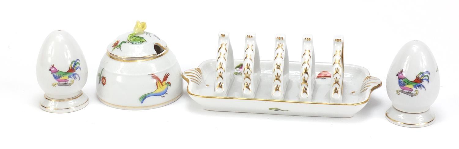 Herend of Hungary porcelain comprising a toast rack, jam pot a pair of cellars, the largest 14.5cm