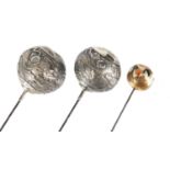 Pair of Chinese silver hat pins and a Japanese Satsuma example, the pair by Po Cheng, the largest